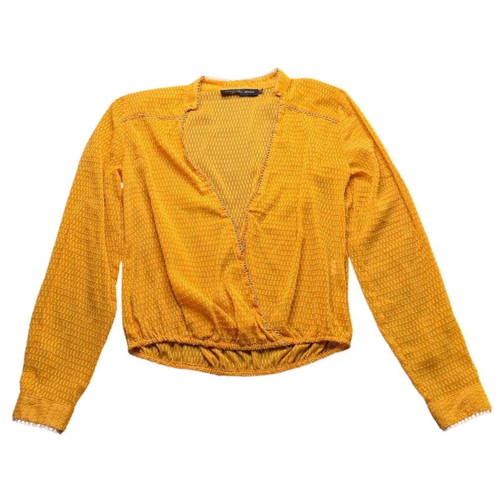 House of Harlow 1960 Wrap Blouse Womens Yellow Clip Dot Boho Cropped Small